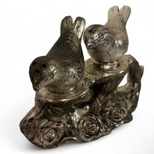 Vintage Silver Tone Bird Salt Pepper Shakers with Floral Base Cottage Decor 3.5”